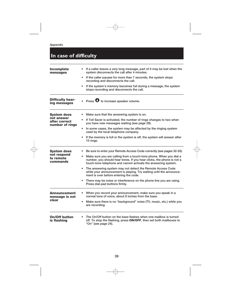 Incomplete messages, Difficulty hearing messages, System does not respond to remote commands | Announcement message is not clear, On/off button is flashing | AT&T E2562 User Manual | Page 41 / 61