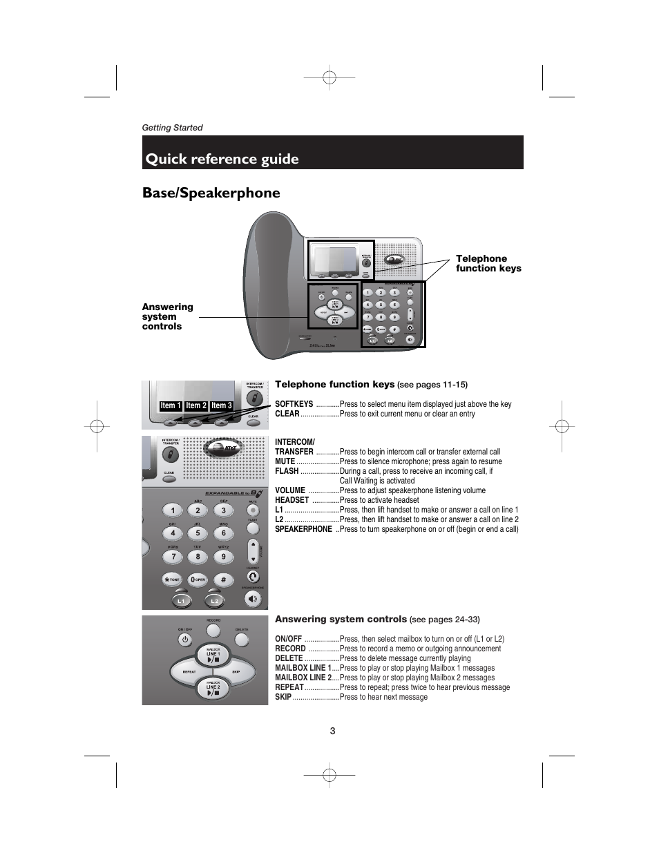 Base/speakerphone, Quick reference guide | AT&T E2562 User Manual | Page 5 / 61