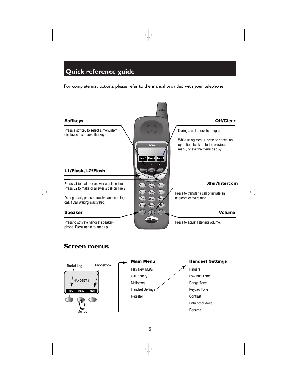 Quick reference guide, Softkeys, L1/flash, l2/flash | Speaker, Off/clear, Xfer/intercom, Volume, Screen menus, Main menu, Handset settings | AT&T E2562 User Manual | Page 58 / 61