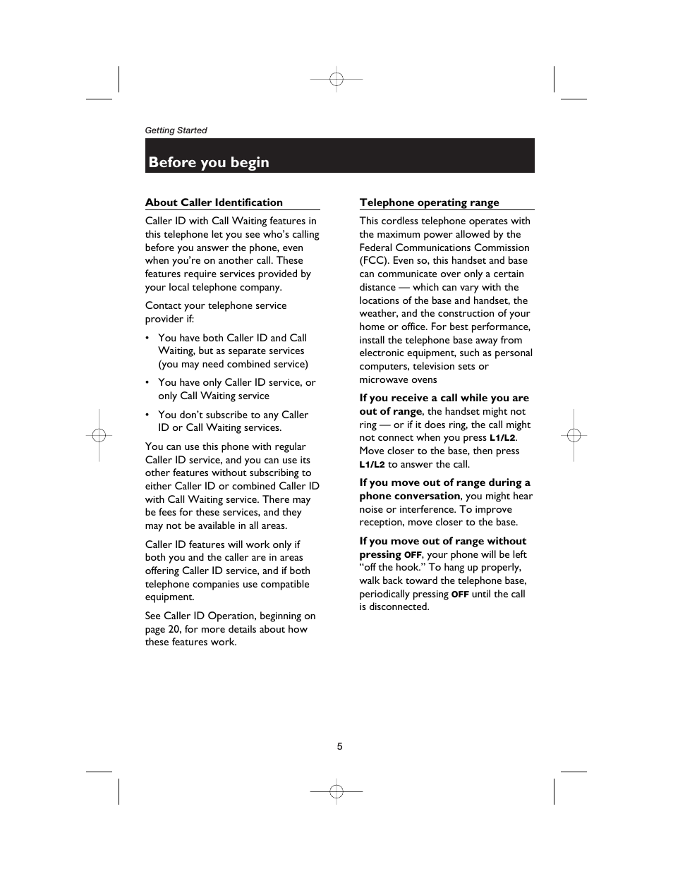 Before you begin, About caller identification, Telephone operating range | AT&T E2562 User Manual | Page 7 / 61