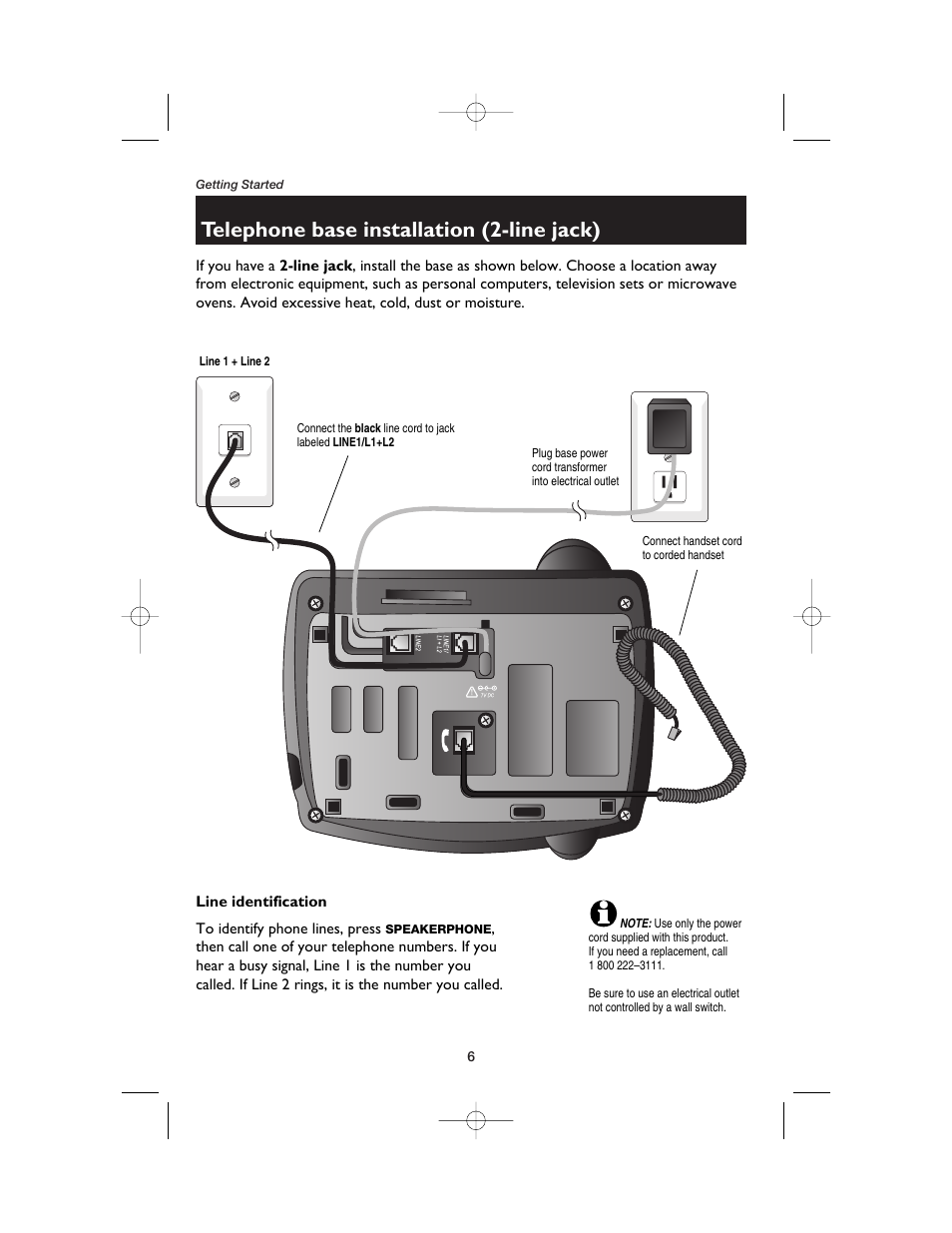 Telephone base installation (2-line jack), Connect handset cord to corded handset, Line identification | AT&T E2562 User Manual | Page 8 / 61