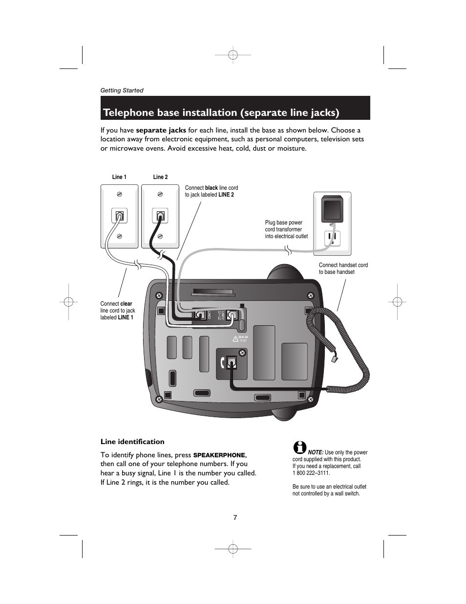 Telephone base installation (separate line jacks), Connect black line cord to jack labeled line 2, Connect clear line cord to jack labeled line 1 | Connect handset cord to base handset, Line identification | AT&T E2562 User Manual | Page 9 / 61