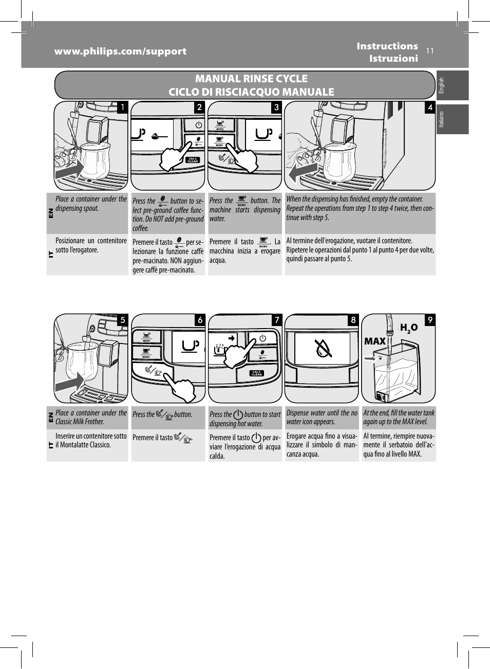 Manual rinse cycle ciclo di risciacquo manuale | Philips Saeco Intelia Evo Machine espresso Super Automatique User Manual | Page 11 / 96