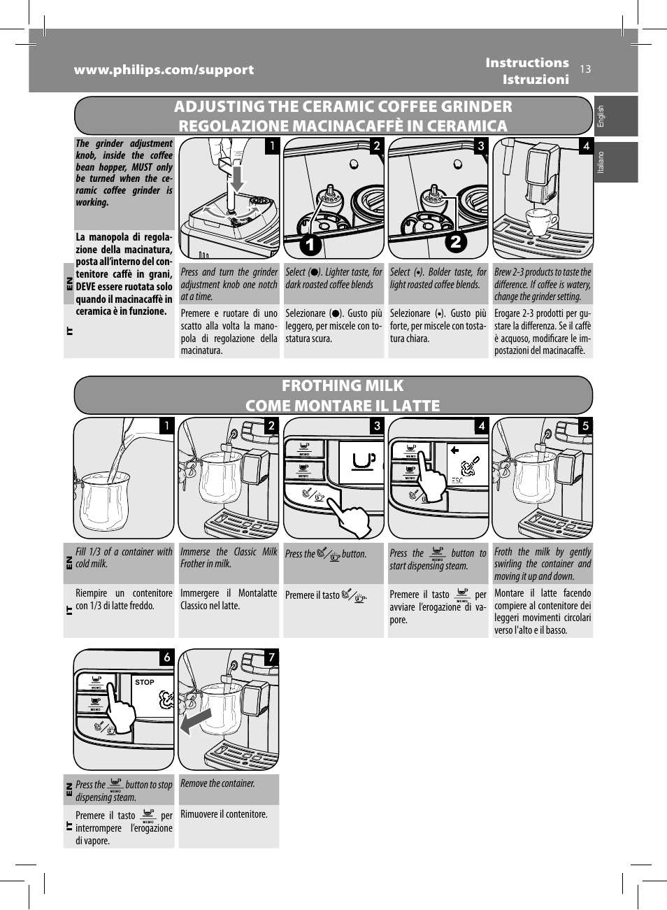 Frothing milk come montare il latte | Philips Saeco Intelia Evo Machine espresso Super Automatique User Manual | Page 13 / 96