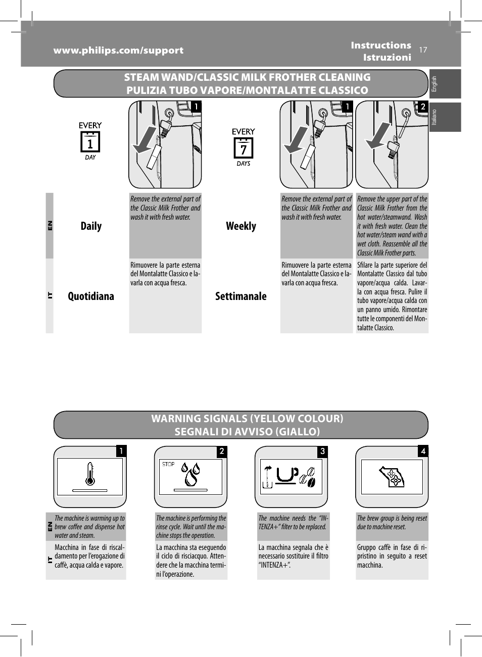 Daily, Weekly, Quotidiana | Settimanale | Philips Saeco Intelia Evo Machine espresso Super Automatique User Manual | Page 17 / 96