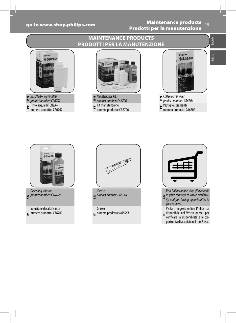 Maintenance products prodotti per la manutenzione | Philips Saeco Intelia Evo Machine espresso Super Automatique User Manual | Page 19 / 96