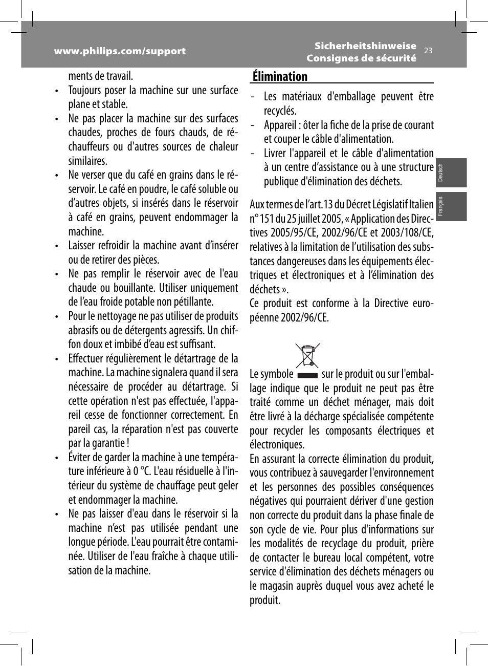 Élimination | Philips Saeco Intelia Evo Machine espresso Super Automatique User Manual | Page 23 / 96
