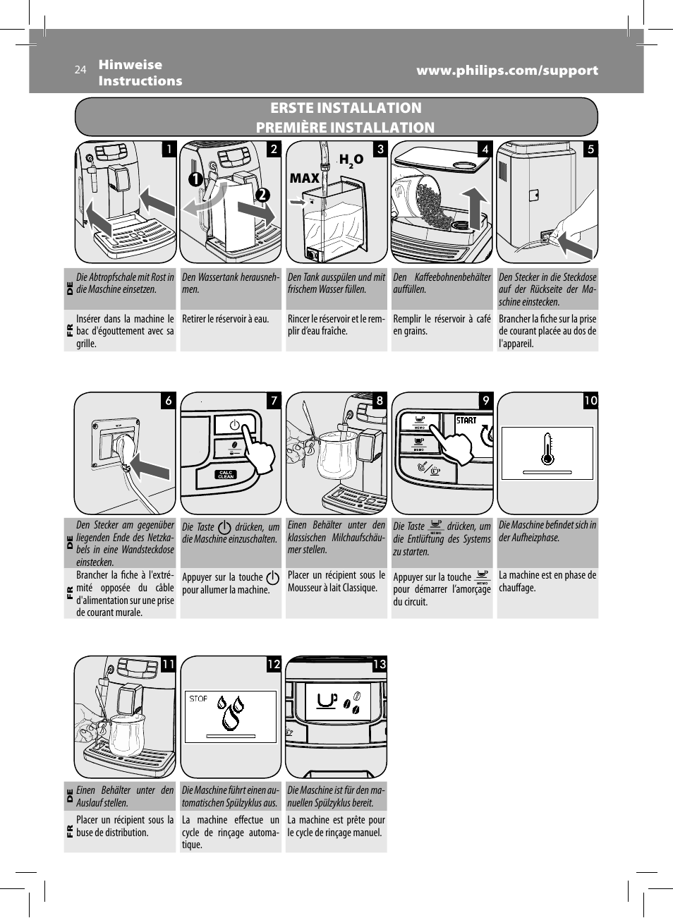 Erste installation, Première installation | Philips Saeco Intelia Evo Machine espresso Super Automatique User Manual | Page 24 / 96