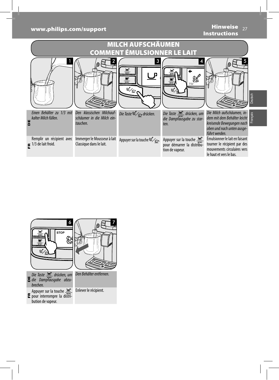 Milch aufschäumen comment émulsionner le lait | Philips Saeco Intelia Evo Machine espresso Super Automatique User Manual | Page 27 / 96