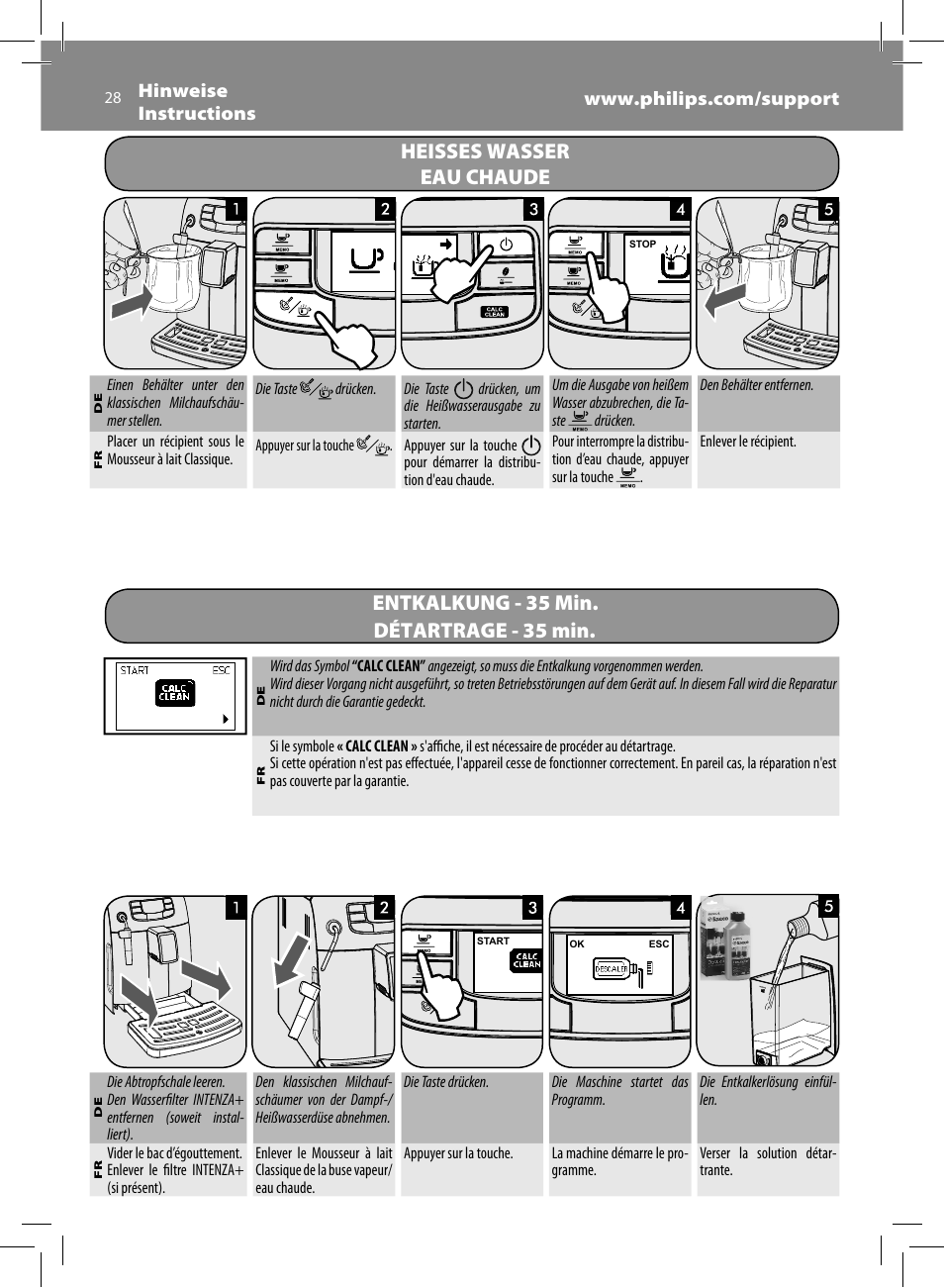 Heisses wasser, Eau chaude, Entkalkung - 35 min | Détartrage - 35 min | Philips Saeco Intelia Evo Machine espresso Super Automatique User Manual | Page 28 / 96