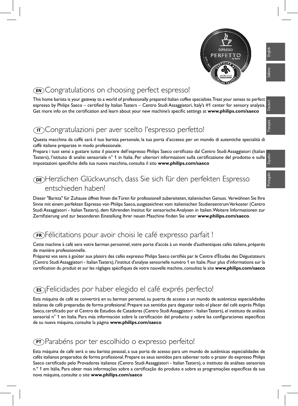 Parabéns por ter escolhido o expresso perfeito | Philips Saeco Intelia Evo Machine espresso Super Automatique User Manual | Page 3 / 96