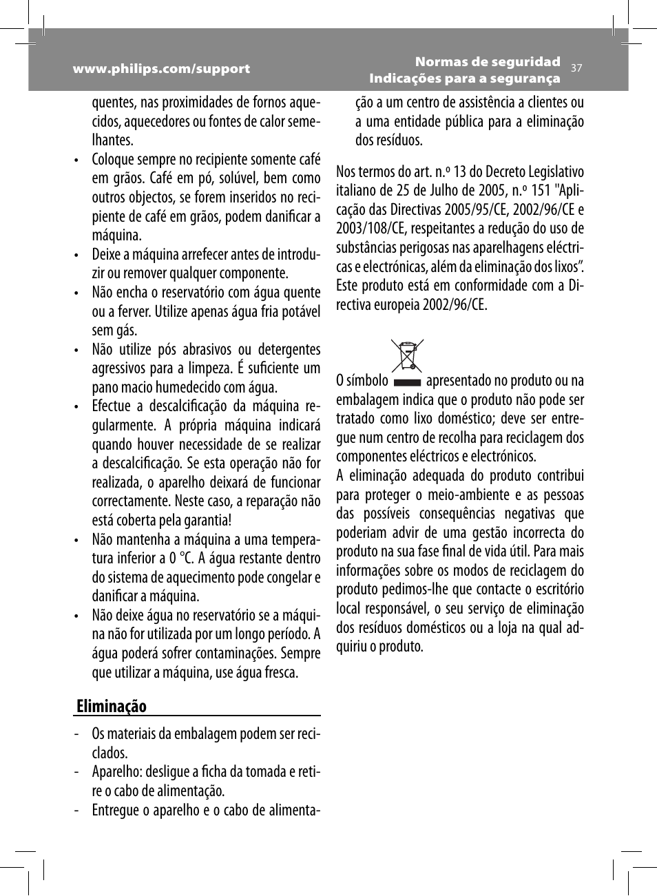 Eliminação | Philips Saeco Intelia Evo Machine espresso Super Automatique User Manual | Page 37 / 96