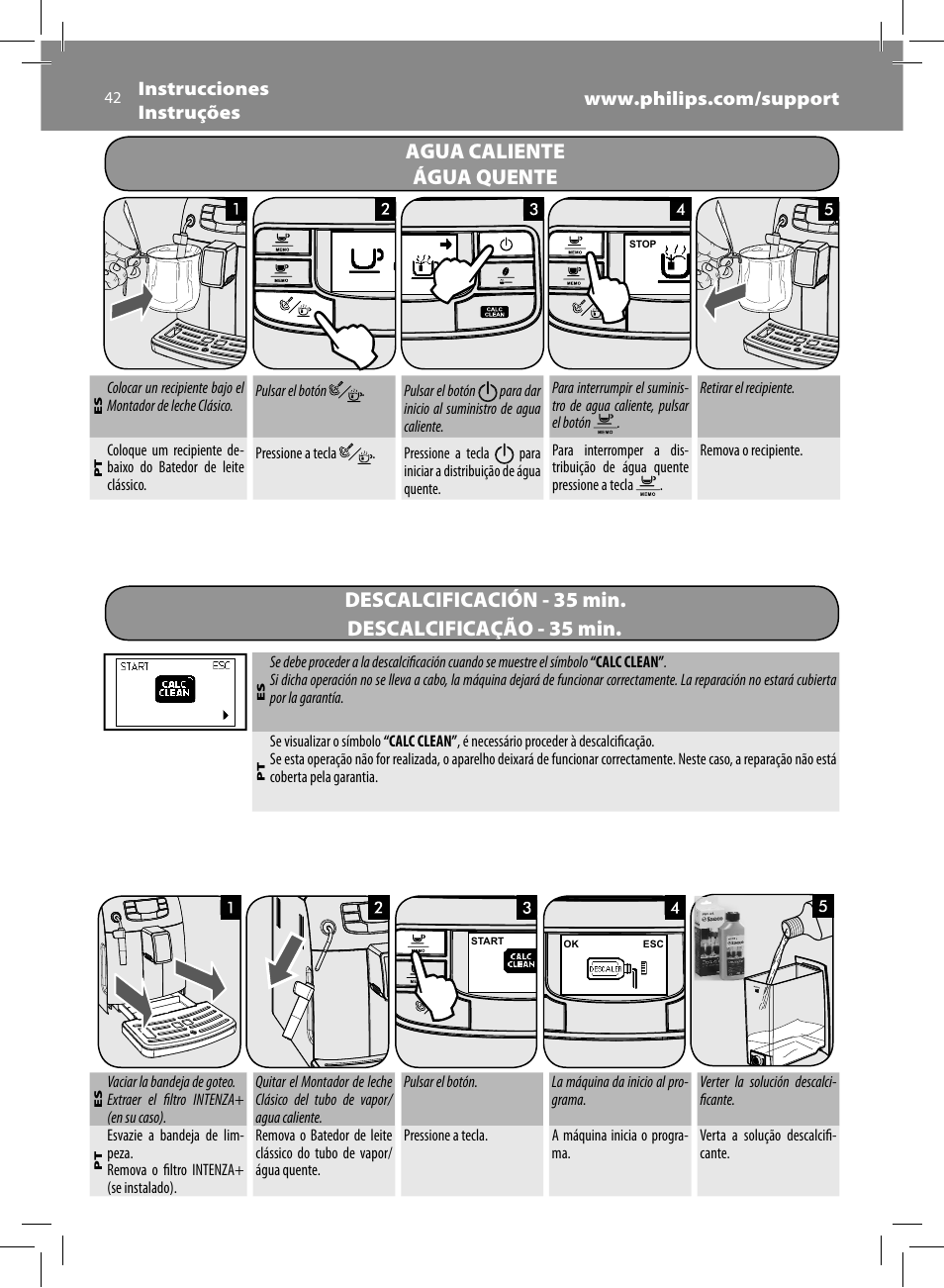 Agua caliente água quente, Descalcificación - 35 min, Descalcificação - 35 min | Philips Saeco Intelia Evo Machine espresso Super Automatique User Manual | Page 42 / 96