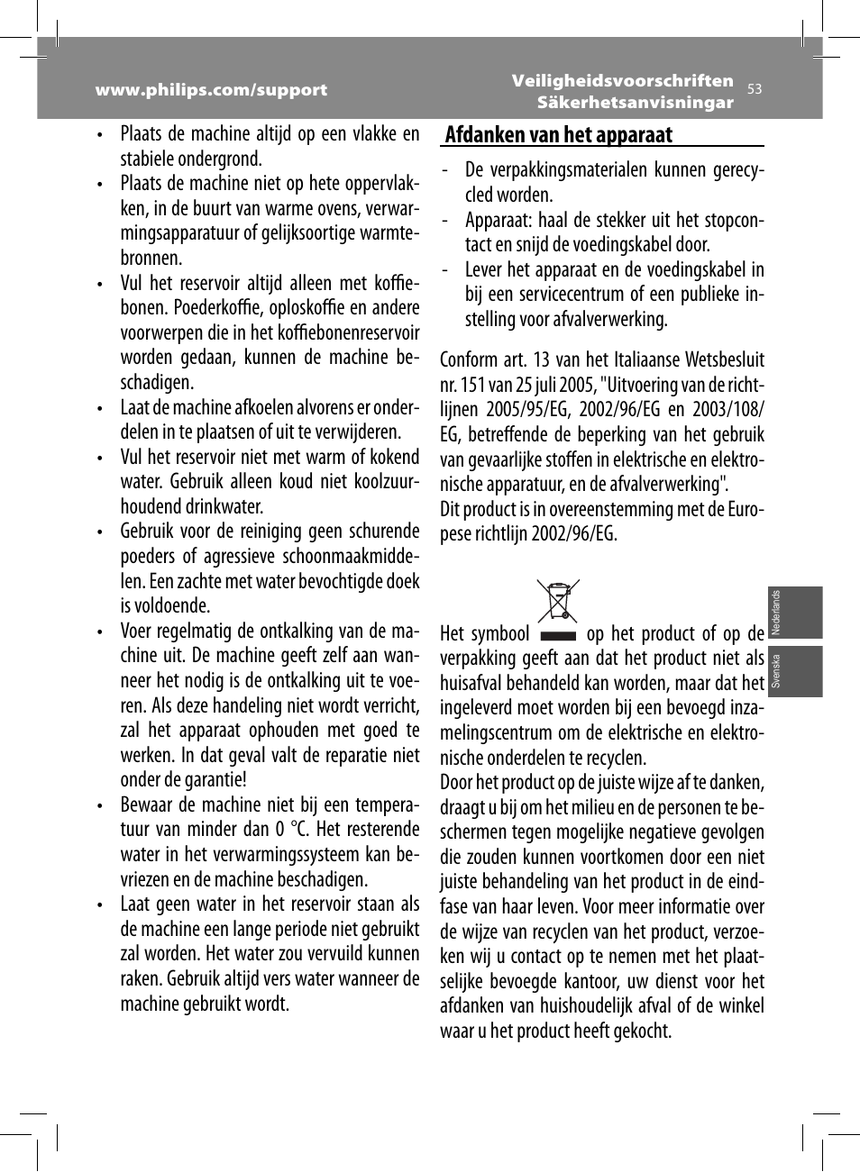 Afdanken van het apparaat | Philips Saeco Intelia Evo Machine espresso Super Automatique User Manual | Page 53 / 96
