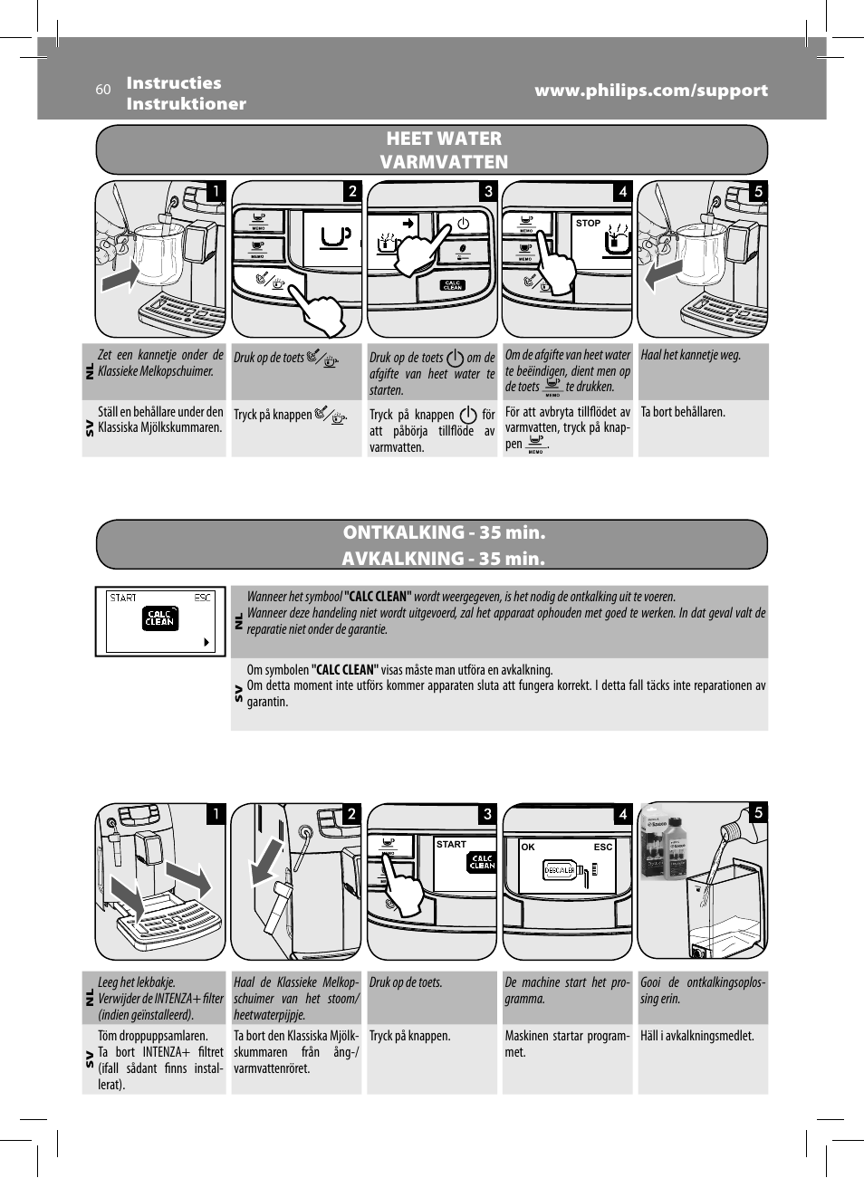 Heet water, Varmvatten, Ontkalking - 35 min | Avkalkning - 35 min | Philips Saeco Intelia Evo Machine espresso Super Automatique User Manual | Page 60 / 96