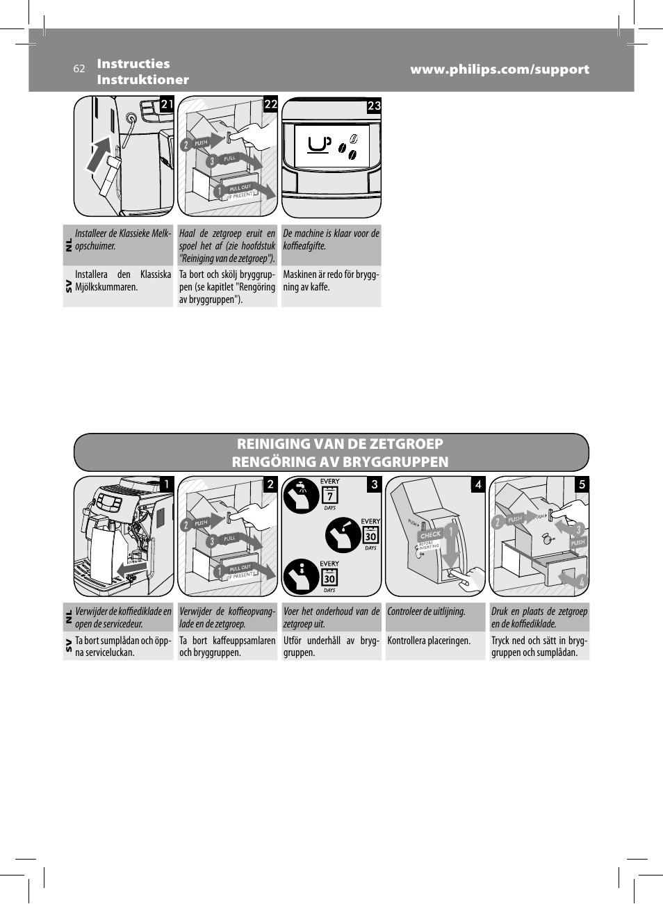 Reiniging van de zetgroep rengöring av bryggruppen | Philips Saeco Intelia Evo Machine espresso Super Automatique User Manual | Page 62 / 96