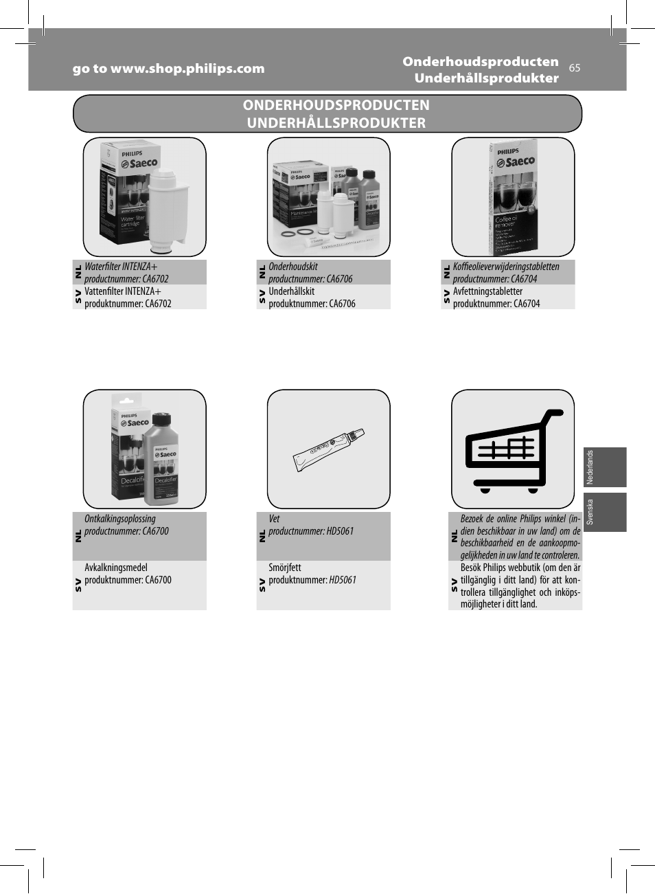 Onderhoudsproducten underhållsprodukter | Philips Saeco Intelia Evo Machine espresso Super Automatique User Manual | Page 65 / 96