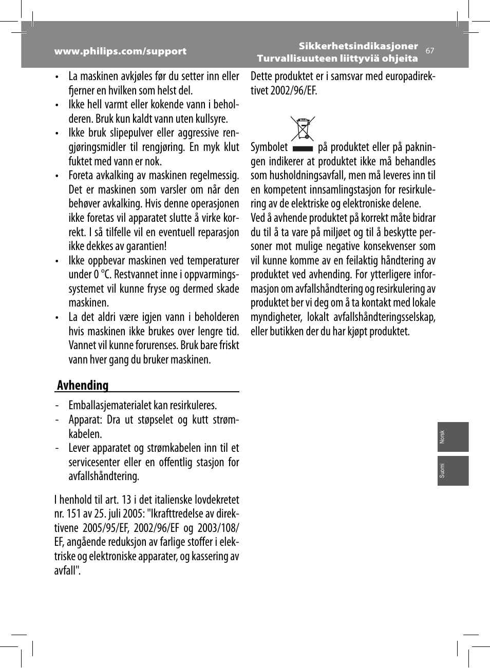 Avhending | Philips Saeco Intelia Evo Machine espresso Super Automatique User Manual | Page 67 / 96