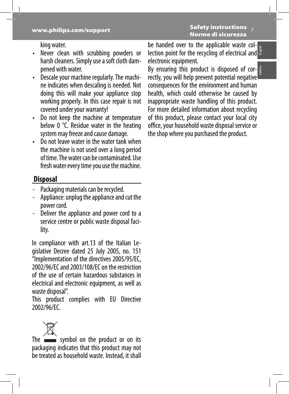 Disposal | Philips Saeco Intelia Evo Machine espresso Super Automatique User Manual | Page 7 / 96