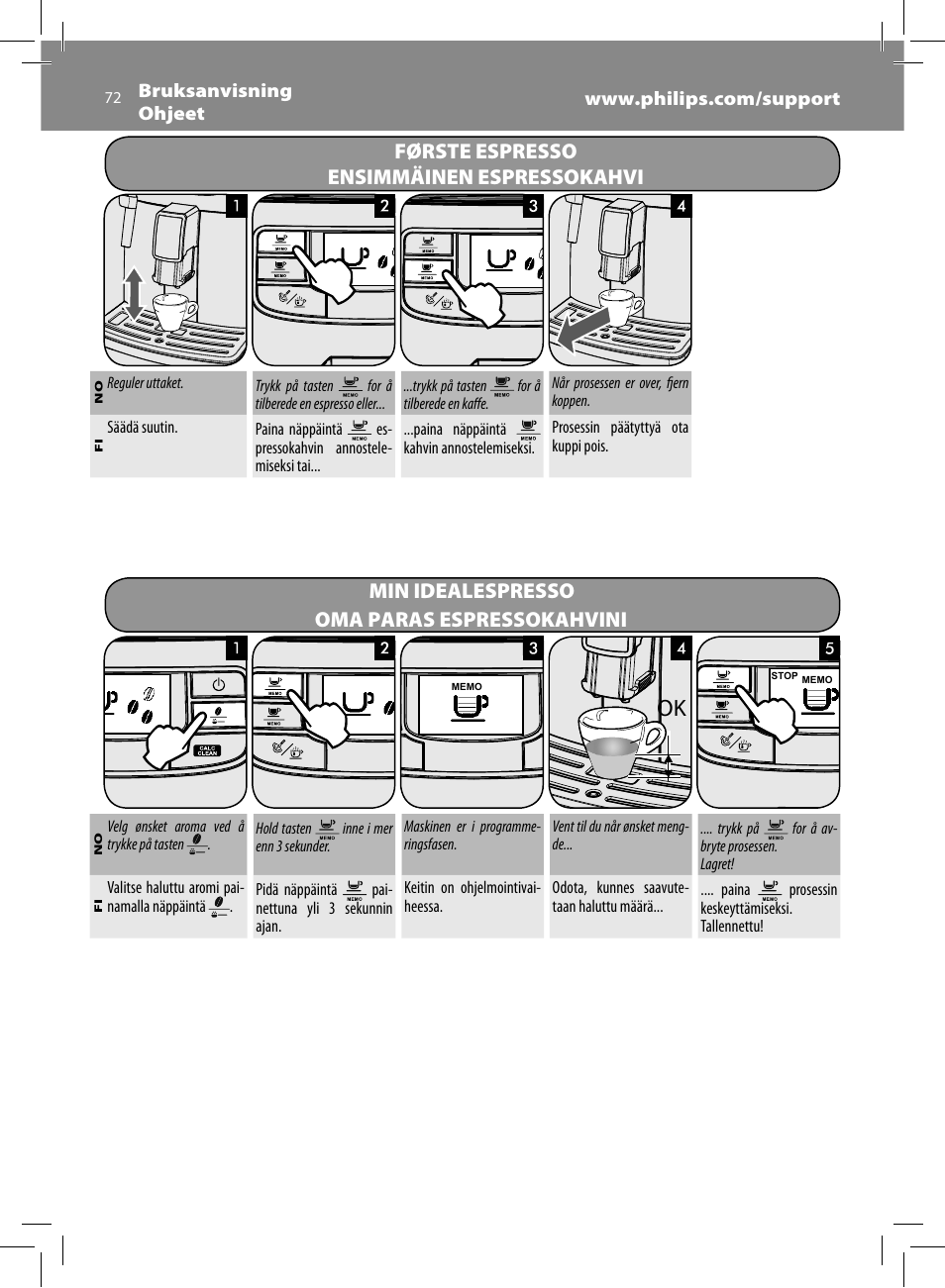 Første espresso, Ensimmäinen espressokahvi, Min idealespresso oma paras espressokahvini | Philips Saeco Intelia Evo Machine espresso Super Automatique User Manual | Page 72 / 96