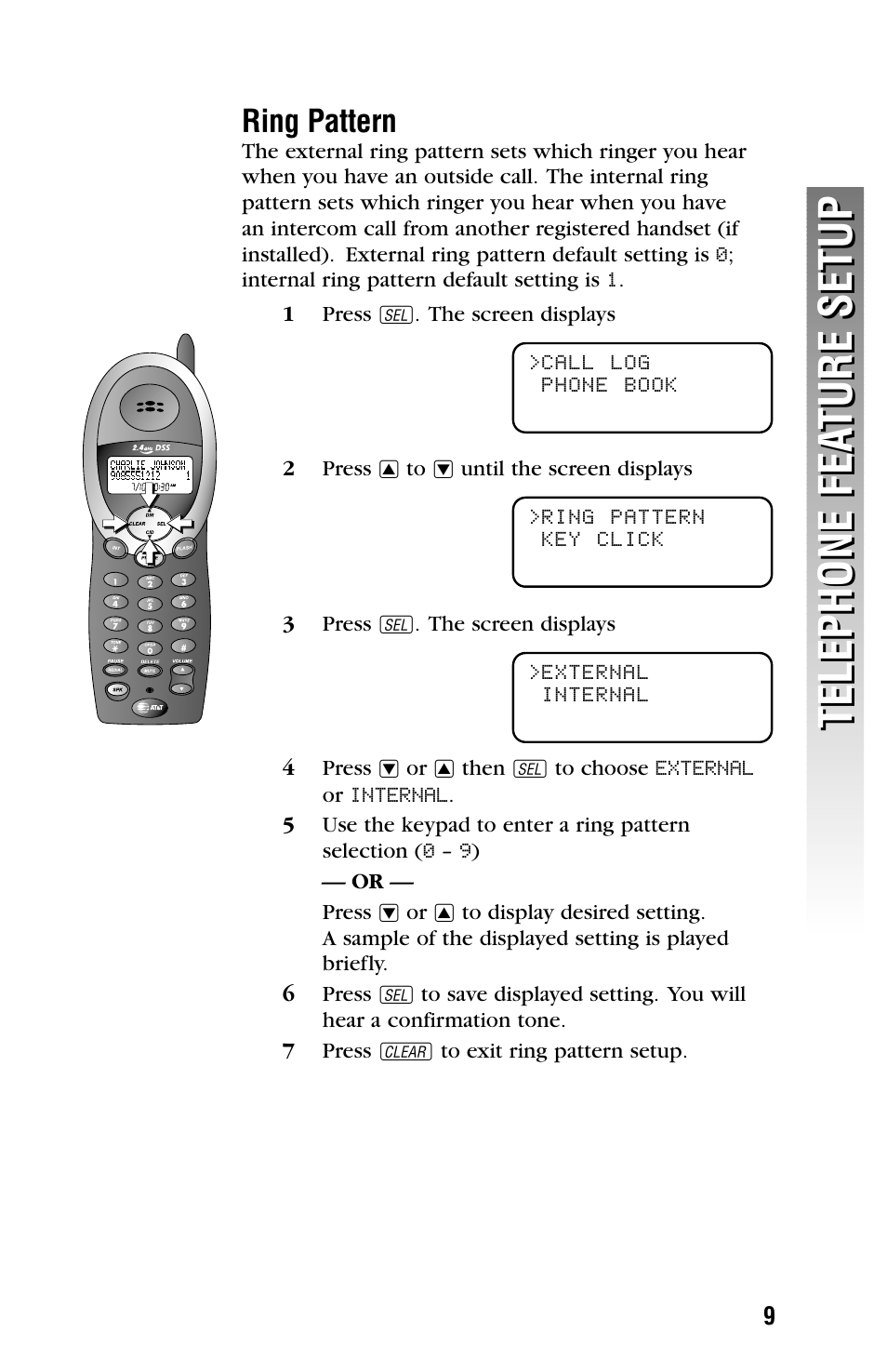 Ring pattern, Telephone fea ture setup telephone fea ture setup | AT&T 2355 User Manual | Page 12 / 83
