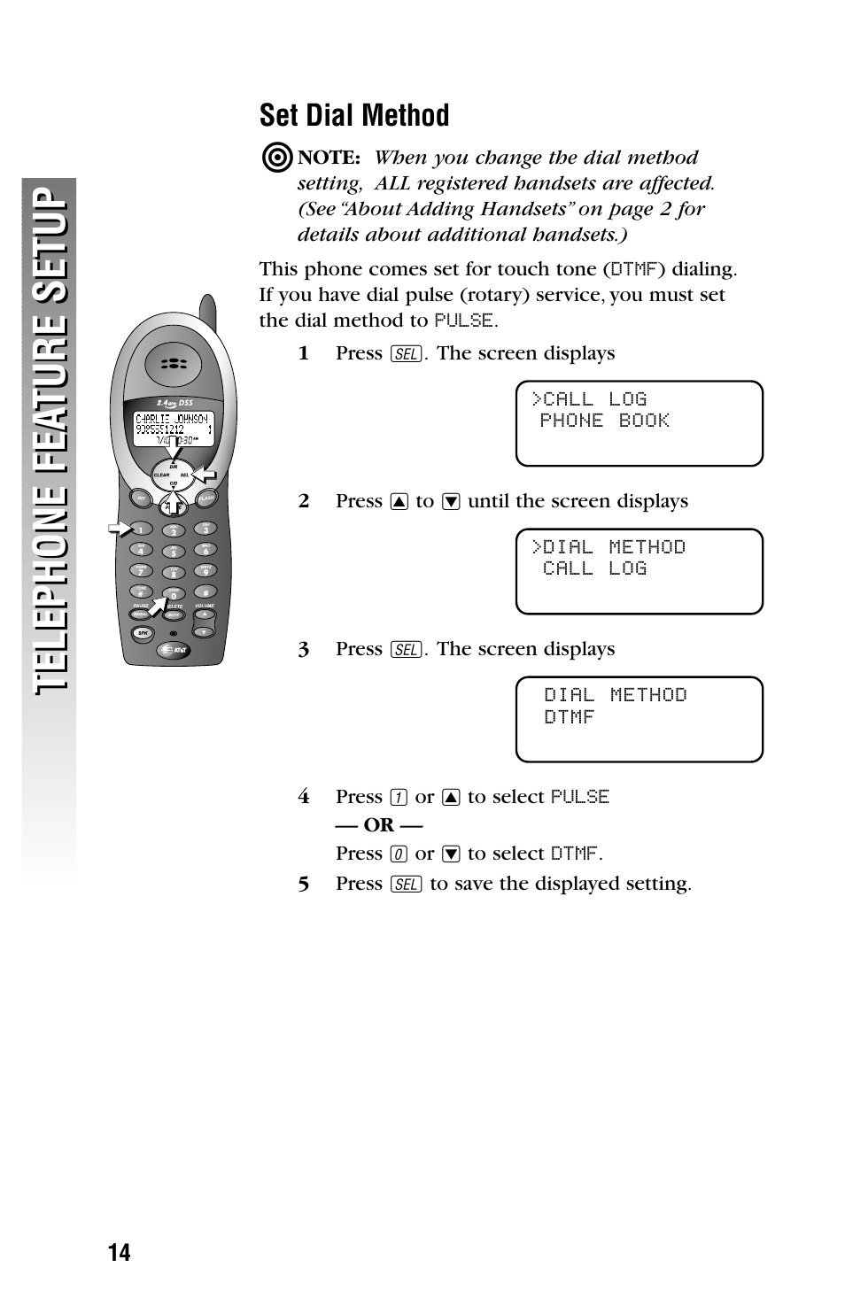 Set dial method, Telephone fea ture setup telephone fea ture setup | AT&T 2355 User Manual | Page 17 / 83