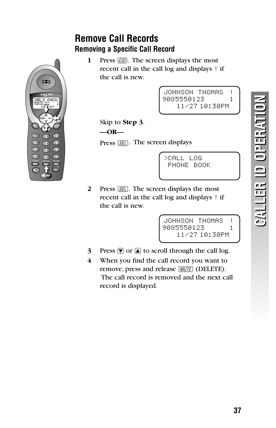 Remove call records, Removing a specific call record, Caller id opera tion caller id opera tion | AT&T 2355 User Manual | Page 40 / 83