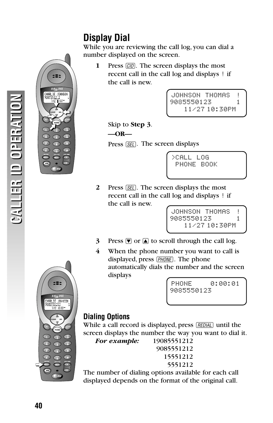 Display dial, Dialing options, Caller id opera tion caller id opera tion | AT&T 2355 User Manual | Page 43 / 83