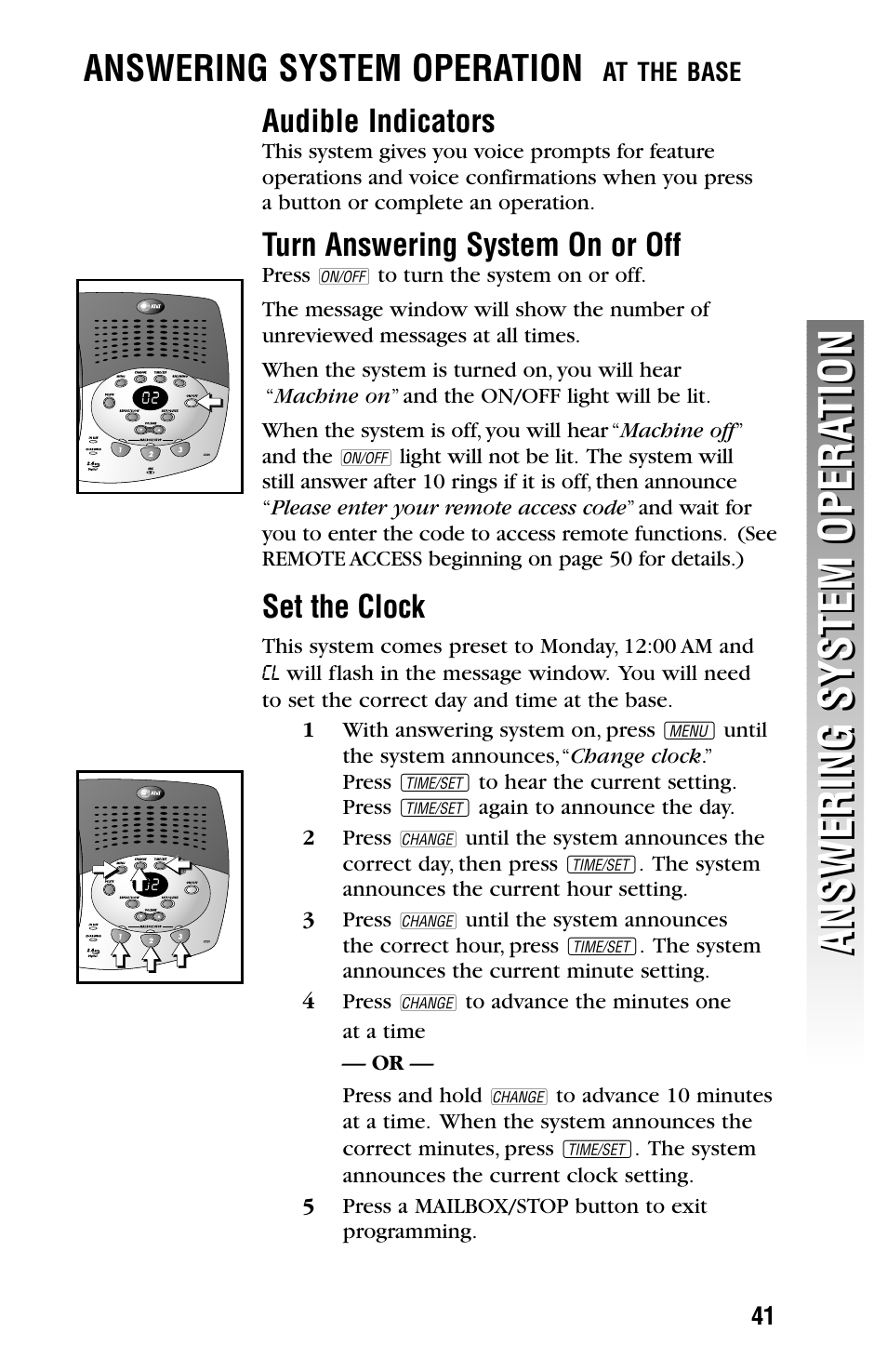 Answering system operation, At the base, Audible indicators | Turn answering system on or off, Set the clock | AT&T 2355 User Manual | Page 44 / 83