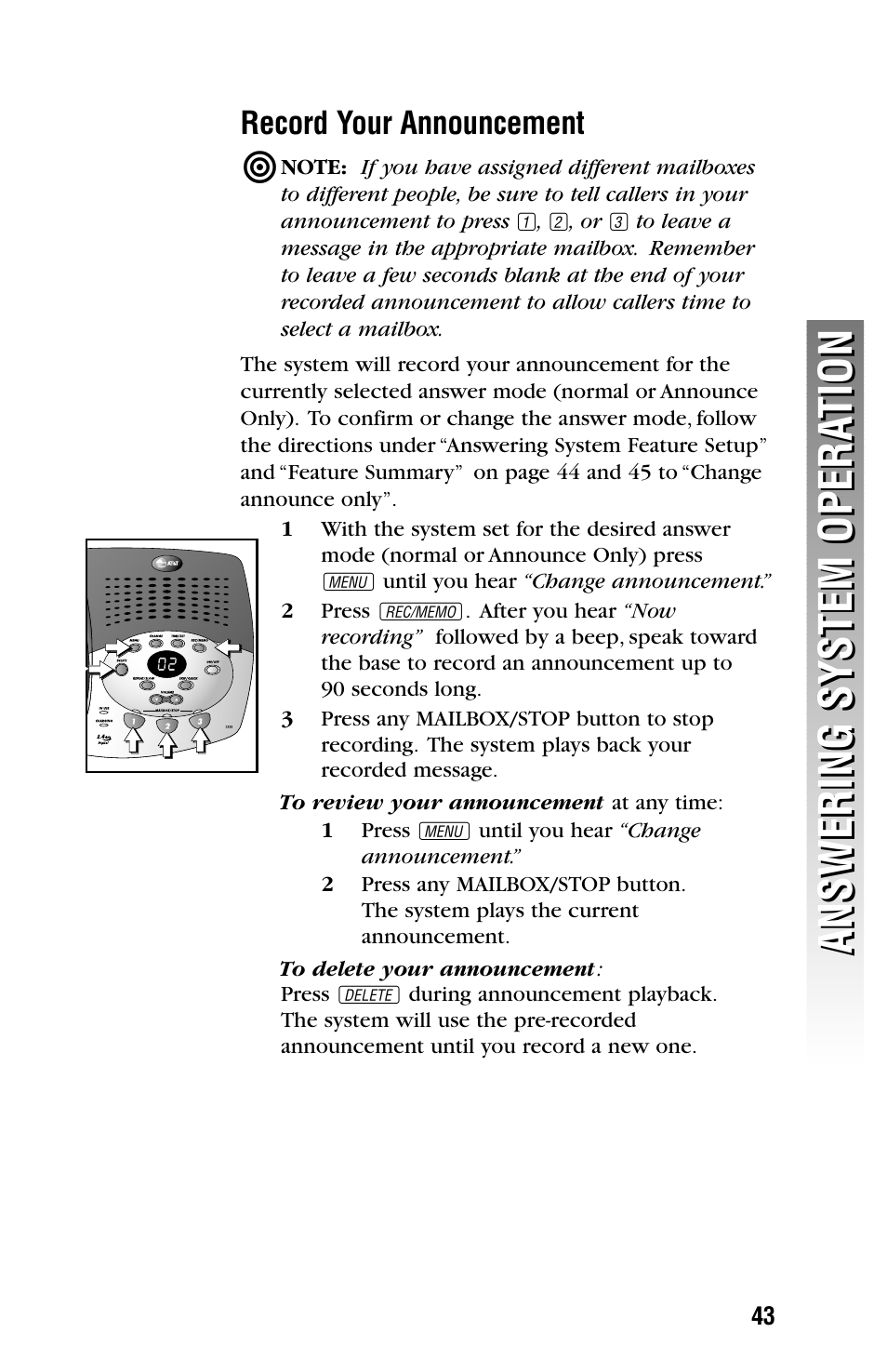 Record your announcement, To review your announcement, To delete your announcement | AT&T 2355 User Manual | Page 46 / 83