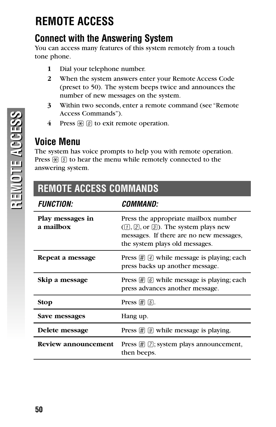 Remote access, Connect with the answering system, Voice menu | Remote access commands, Play messages in a mailbox, Repeat a message, Skip a message, Stop, Save messages, Delete message | AT&T 2355 User Manual | Page 53 / 83