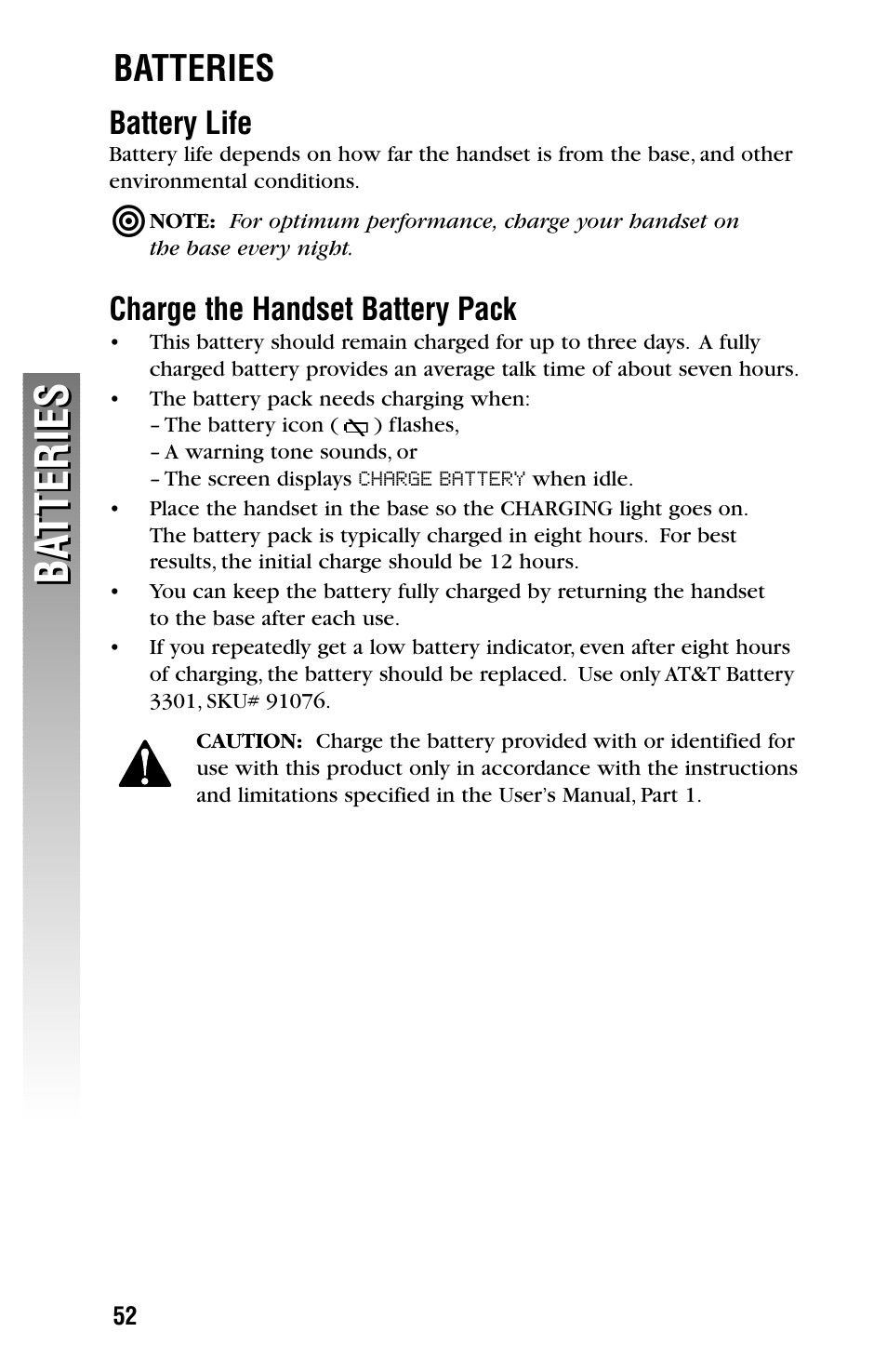 Batteries, Battery life, Charge the handset battery pack | Ba tteries ba tteries | AT&T 2355 User Manual | Page 55 / 83