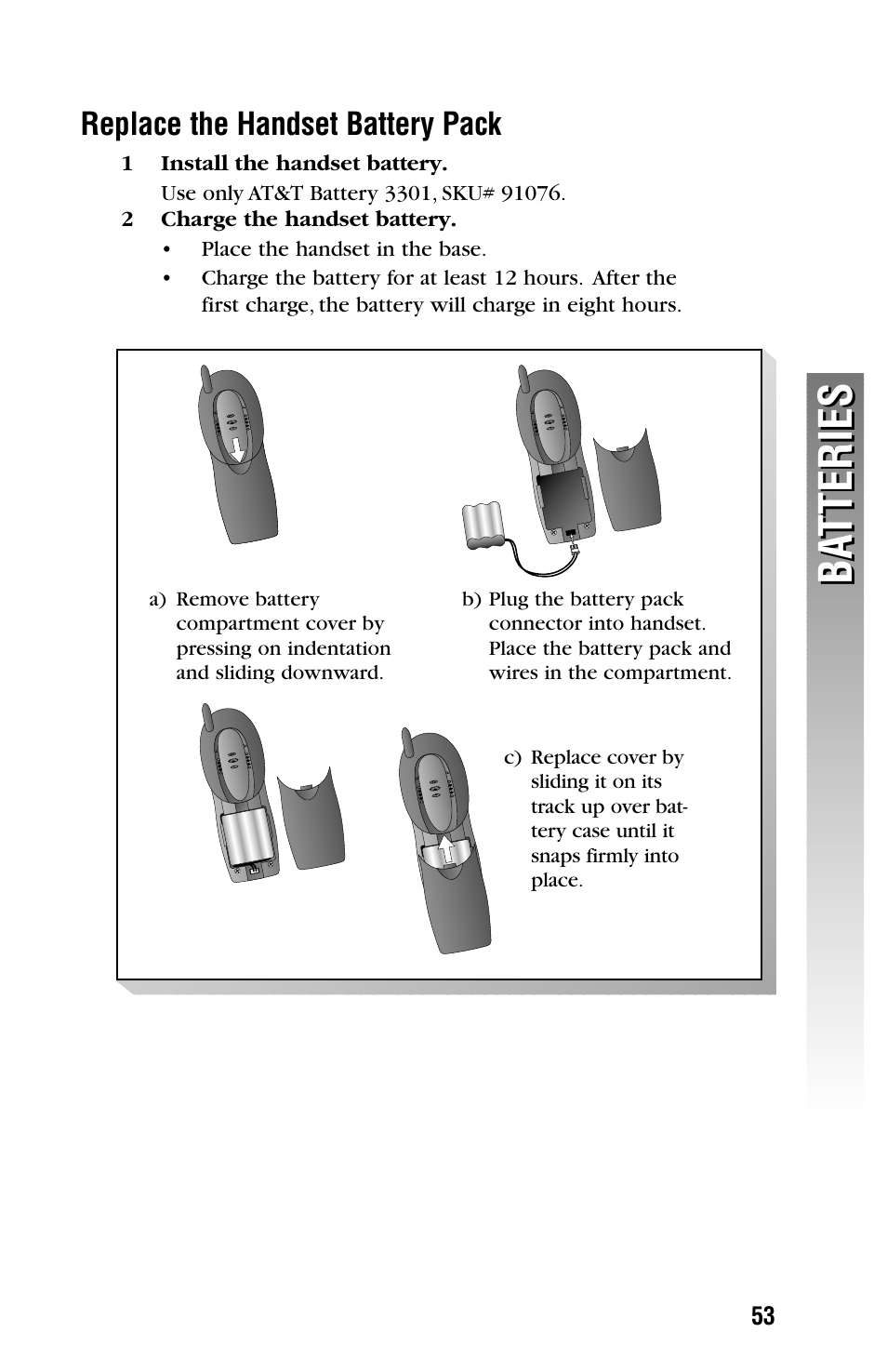 Replace the handset battery pack, Ba tteries ba tteries | AT&T 2355 User Manual | Page 56 / 83