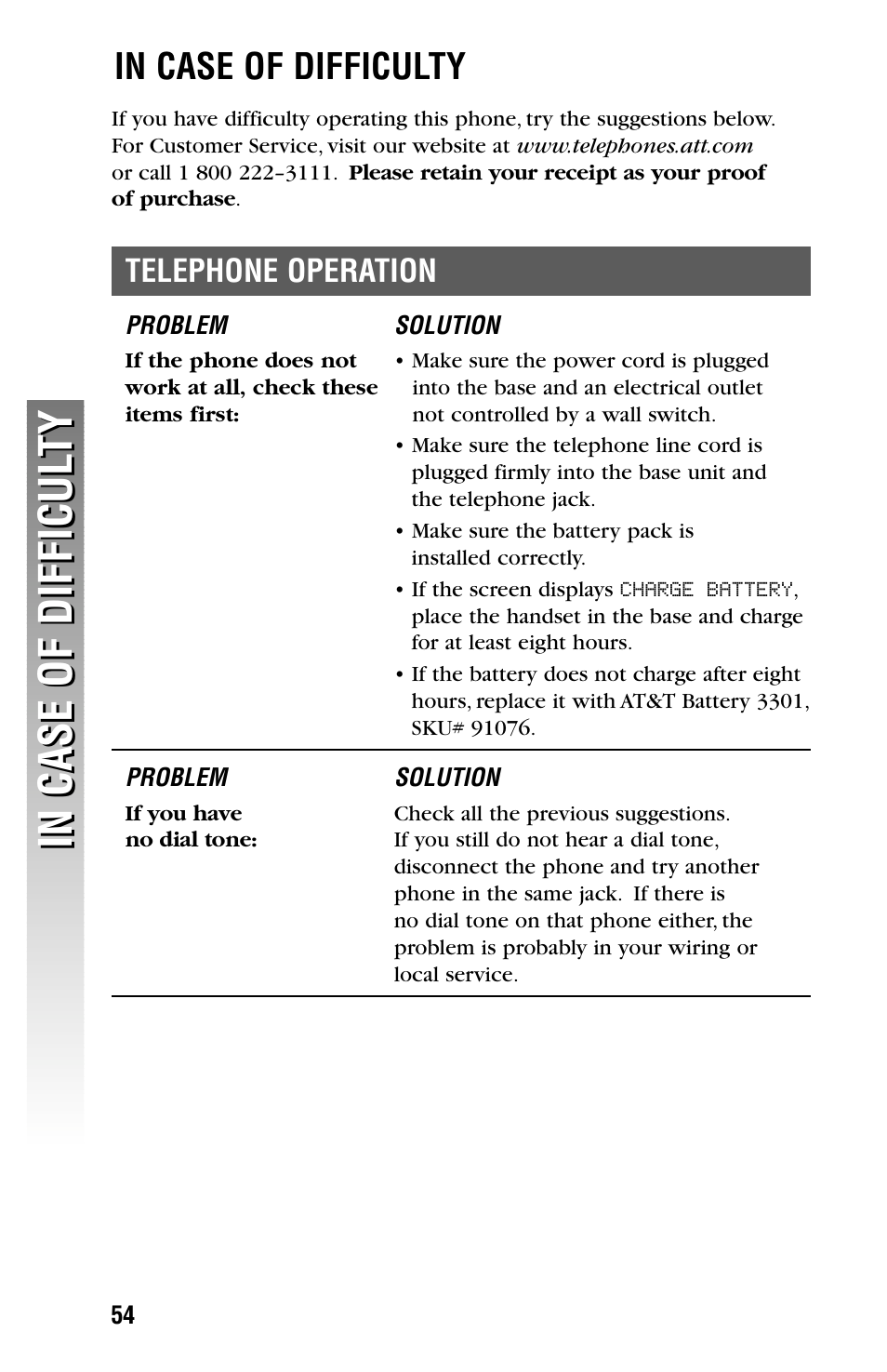 In case of difficulty, Telephone operation, If you have no dial tone | AT&T 2355 User Manual | Page 57 / 83