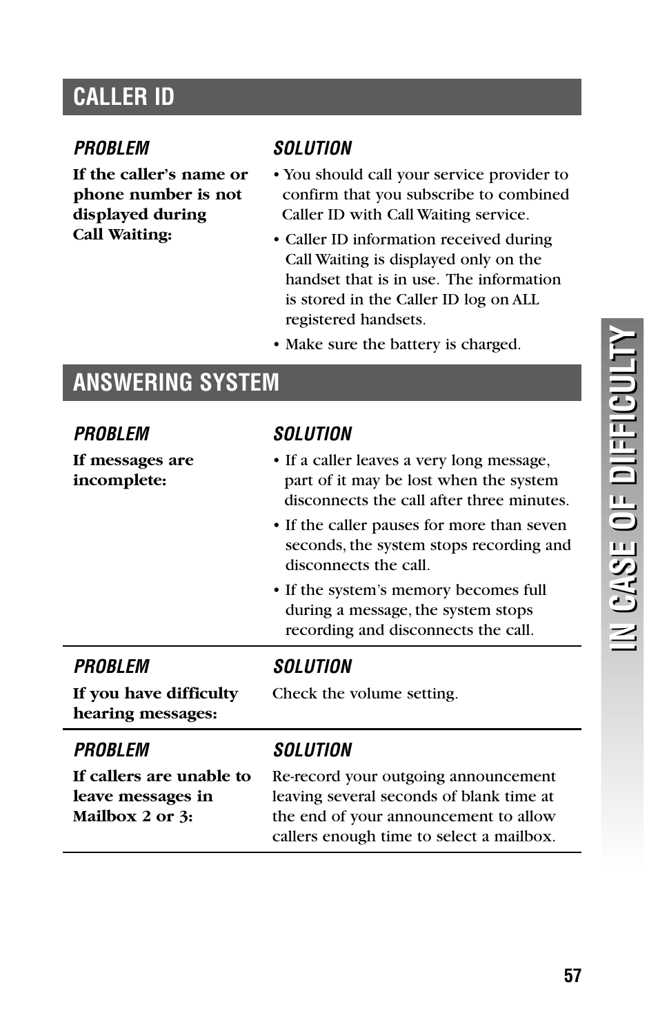 Answering system, If messages are incomplete, If you have difficulty hearing messages | Caller id | AT&T 2355 User Manual | Page 60 / 83