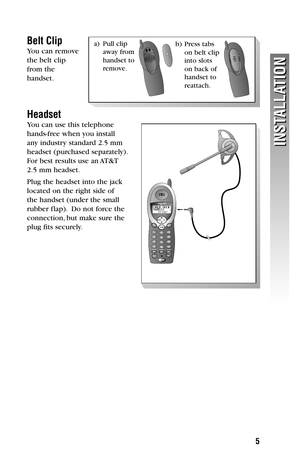 Belt clip, Headset, Inst alla tion inst alla tion | AT&T 2355 User Manual | Page 8 / 83