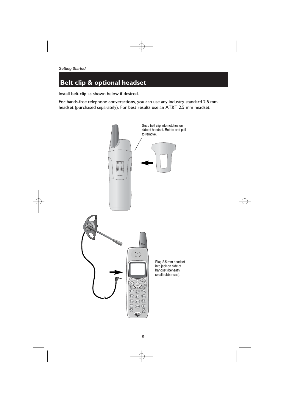Belt clip & optional headset | AT&T E5960C User Manual | Page 11 / 73