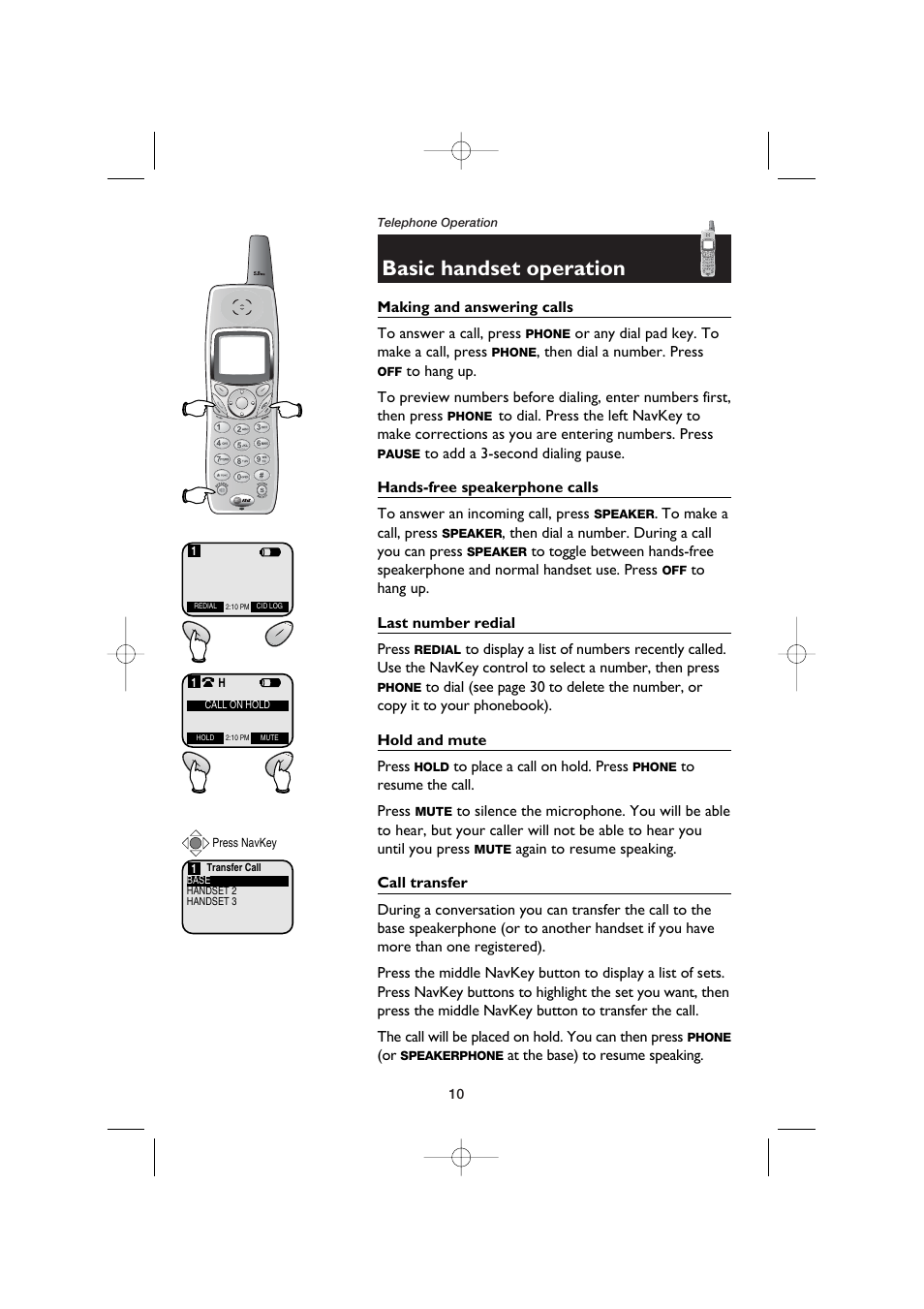 Telephone operation, Basic handset operation, Making and answering calls | Hands-free speakerphone calls, Last number redial, Hold and mute, Call transfer | AT&T E5960C User Manual | Page 12 / 73