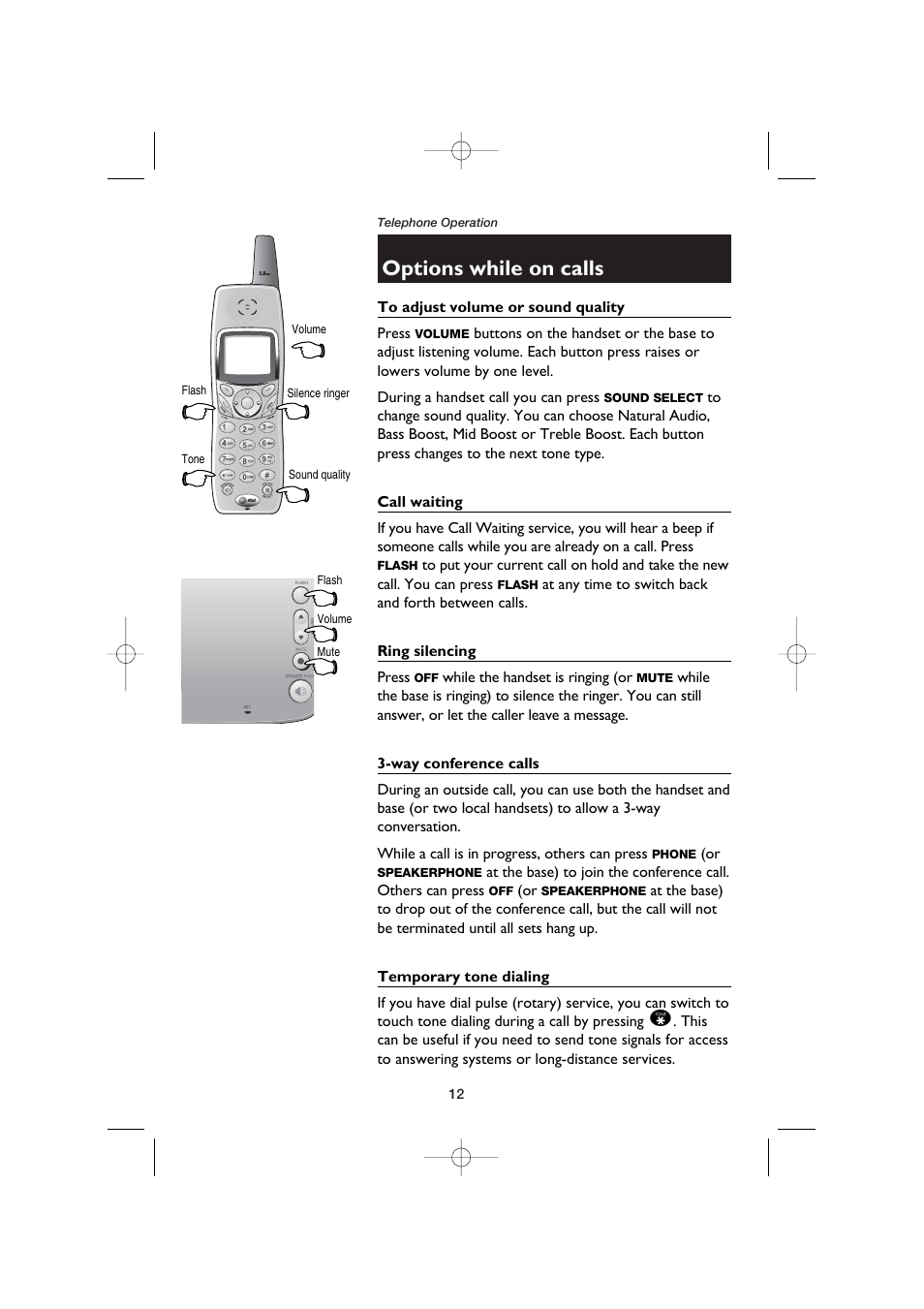 Options while on calls, To adjust volume or sound quality, Call waiting | Ring silencing, Way conference calls, Temporary tone dialing | AT&T E5960C User Manual | Page 14 / 73