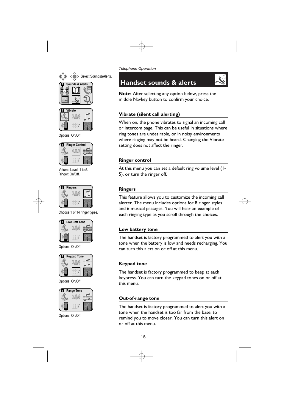Handset sounds & alerts, Vibrate (silent call alerting), Ringer control | Ringers, Low battery tone, Keypad tone, Out-of-range tone | AT&T E5960C User Manual | Page 17 / 73