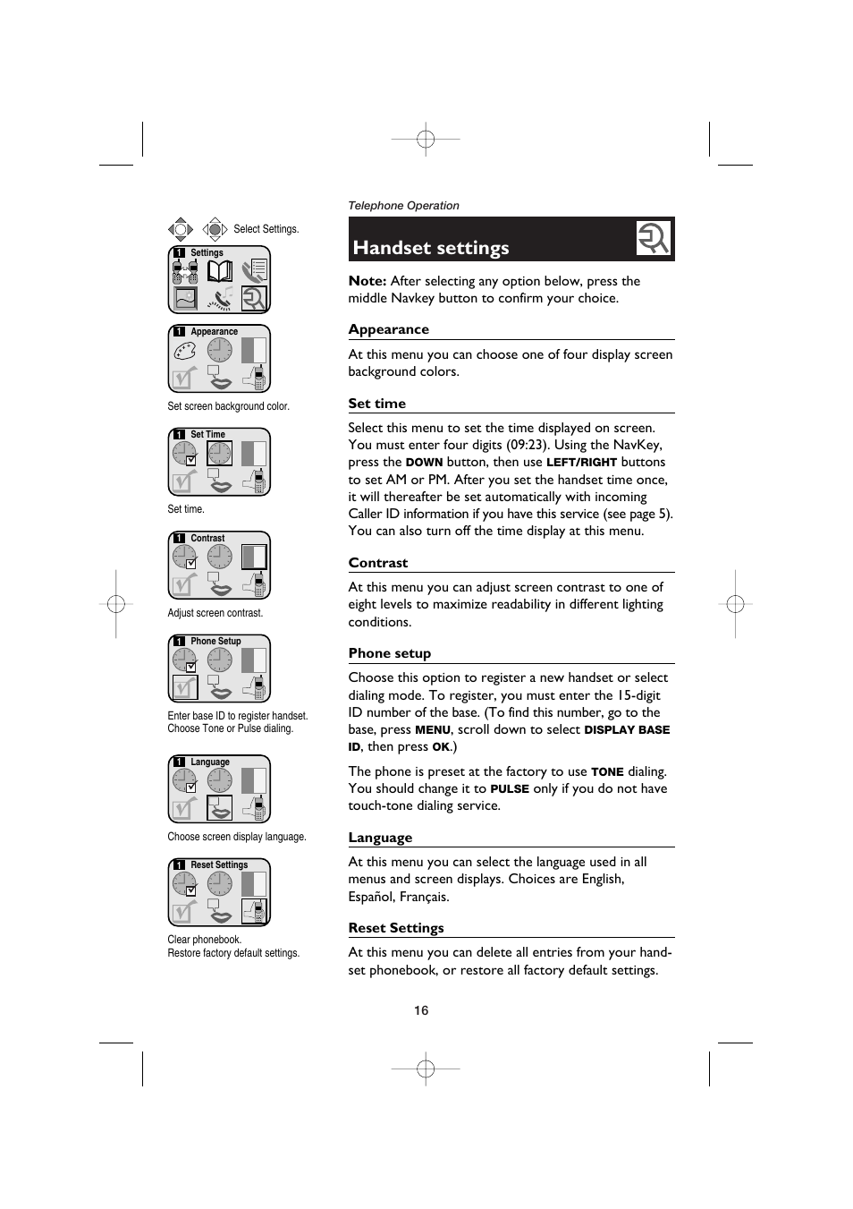 Handset settings, Appearance, Set time | Contrast, Phone setup, Language, Reset settings | AT&T E5960C User Manual | Page 18 / 73