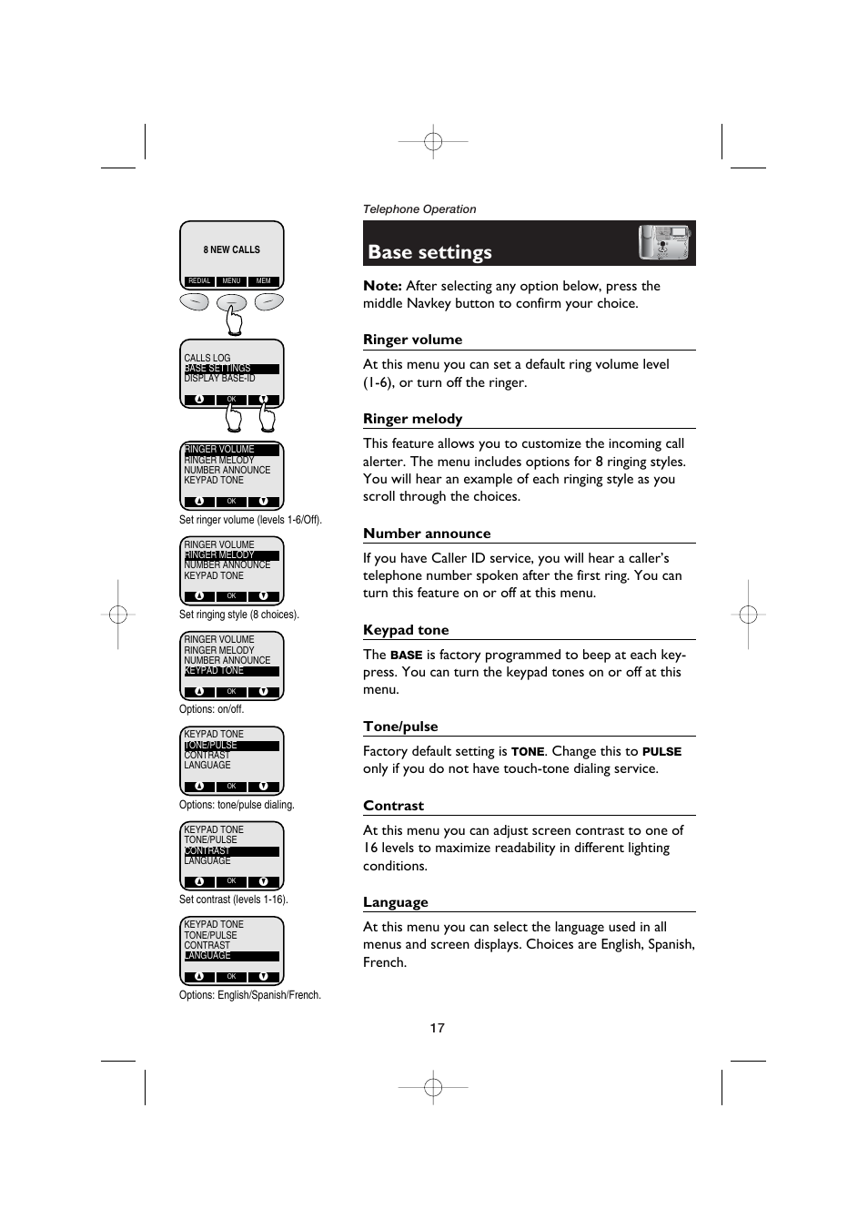 Base settings, Ringer volume, Ringer melody | Number announce, Keypad tone, Tone/pulse, Contrast, Language, Change this to | AT&T E5960C User Manual | Page 19 / 73