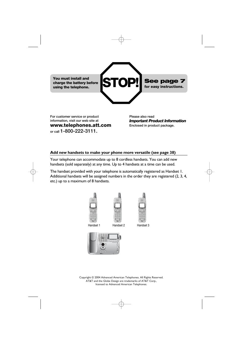 Add new handsets to make your phone more versatile, Stop, See page 7 | AT&T E5960C User Manual | Page 2 / 73