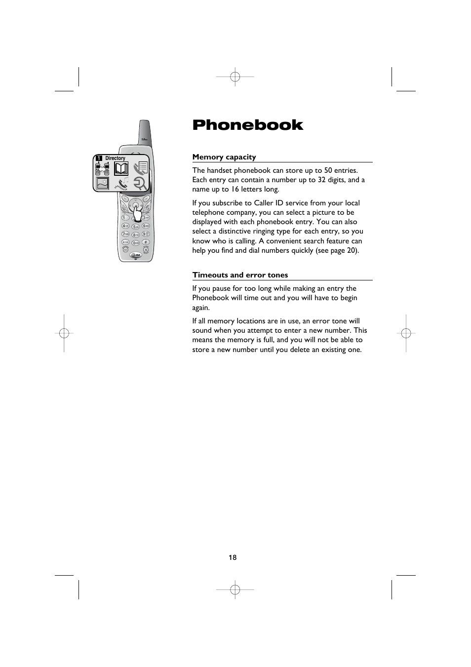 Phonebook, Memory capacity, Timeouts and error tones | AT&T E5960C User Manual | Page 20 / 73
