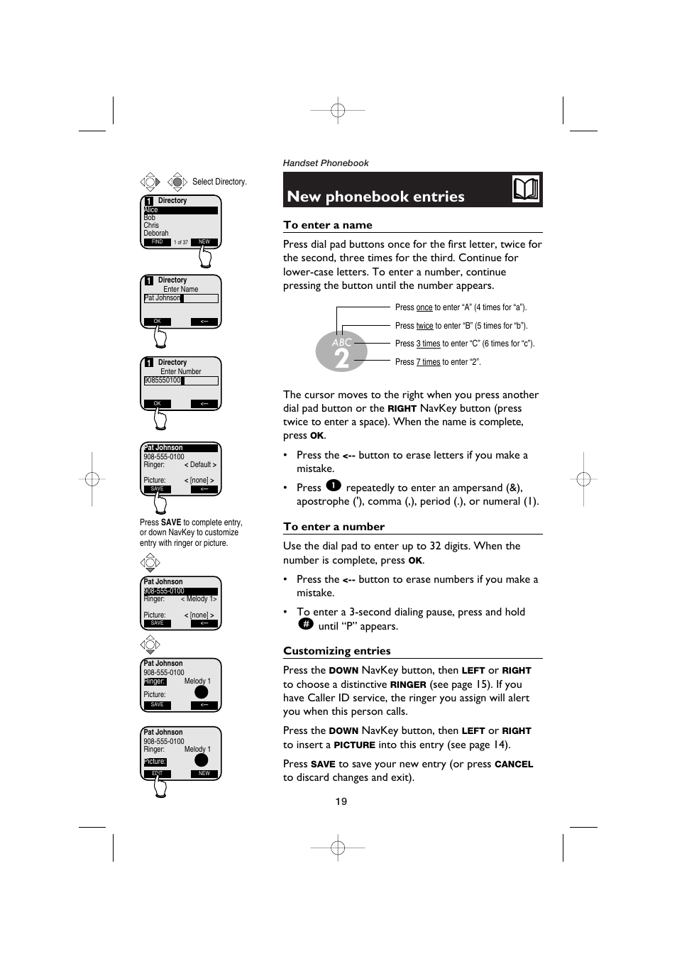 Handset phonebook, New phonebook entries, To enter a name | To enter a number, Customizing entries | AT&T E5960C User Manual | Page 21 / 73