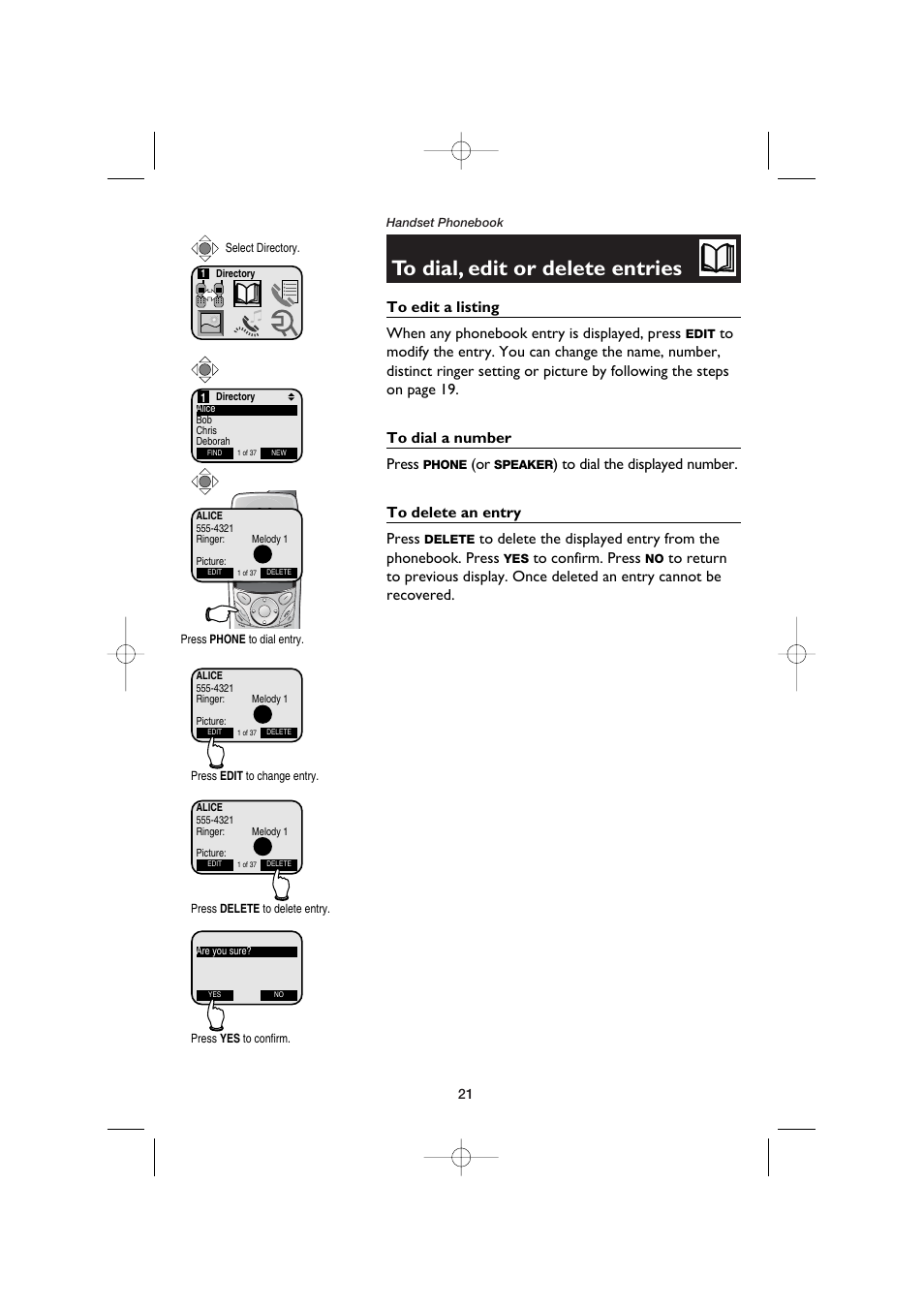 To dial, edit or delete entries, To edit a listing, To dial a number | To delete an entry | AT&T E5960C User Manual | Page 23 / 73