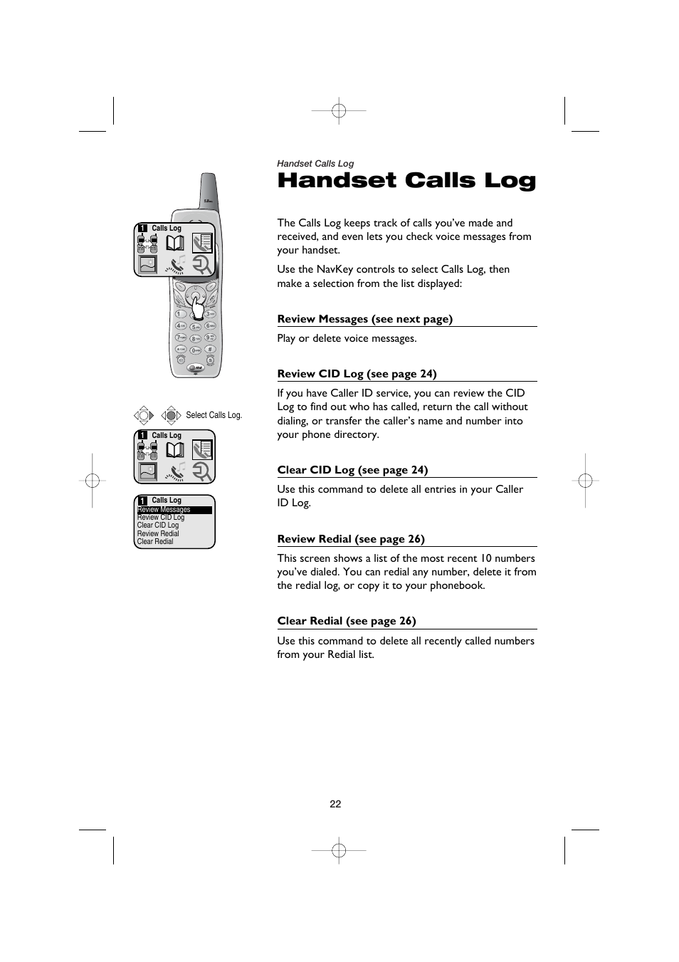 Handset calls log, Review messages, Review cid log | Clear cid log, Review redial, Clear redial | AT&T E5960C User Manual | Page 24 / 73