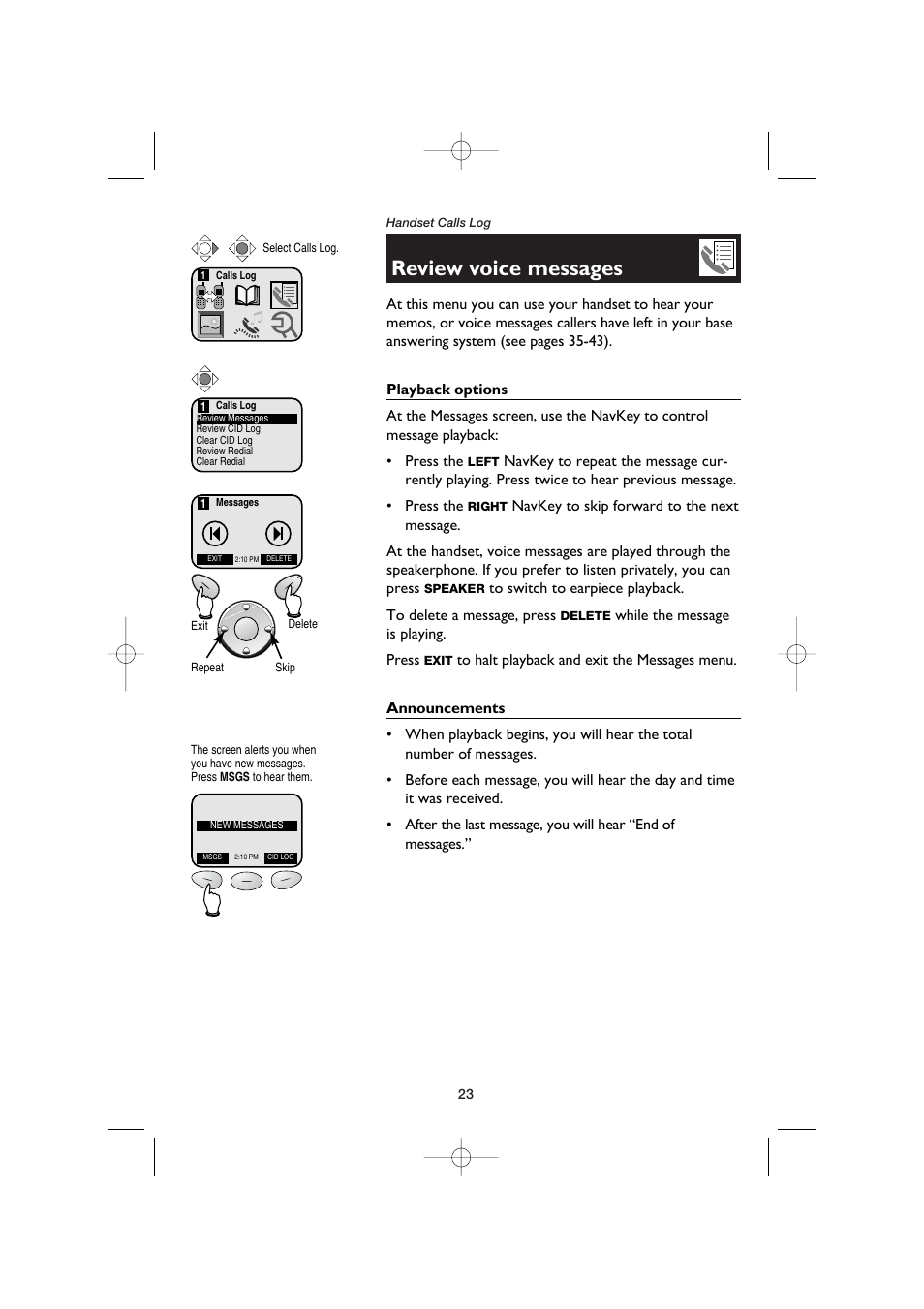 Review voice messages, Playback options, Announcements | AT&T E5960C User Manual | Page 25 / 73