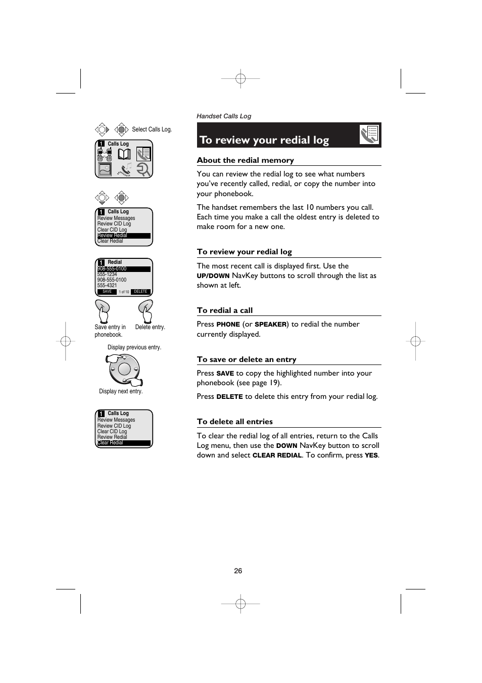 To review your redial log, About the redial memory, To redial a call | To save or delete an entry, To delete all entries | AT&T E5960C User Manual | Page 28 / 73