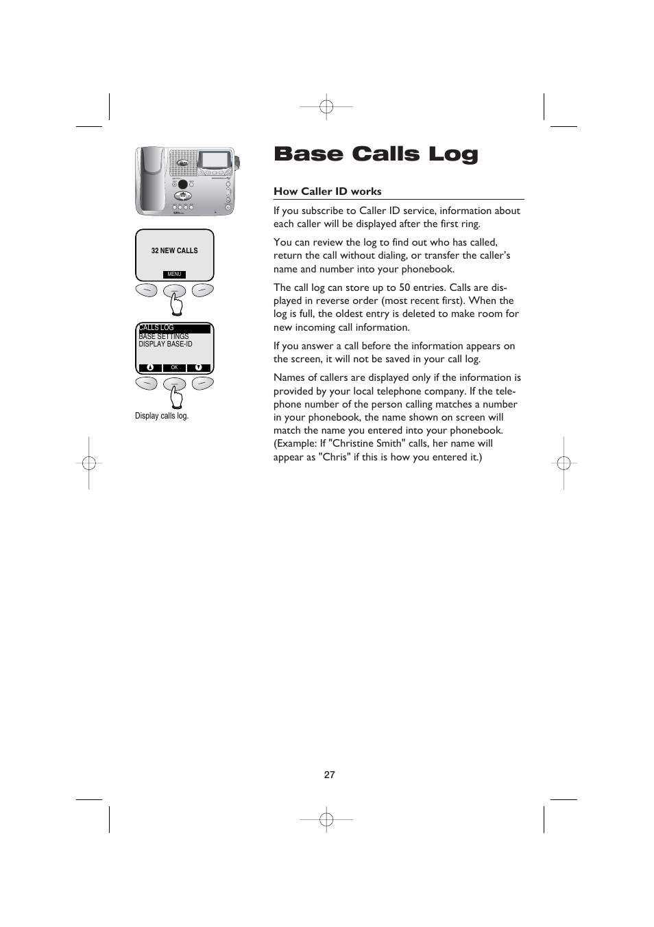 Base calls log, How caller id works | AT&T E5960C User Manual | Page 29 / 73
